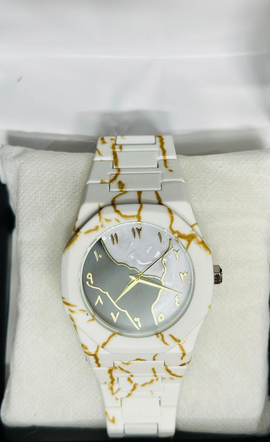 White Arabic Watch with Golden accent